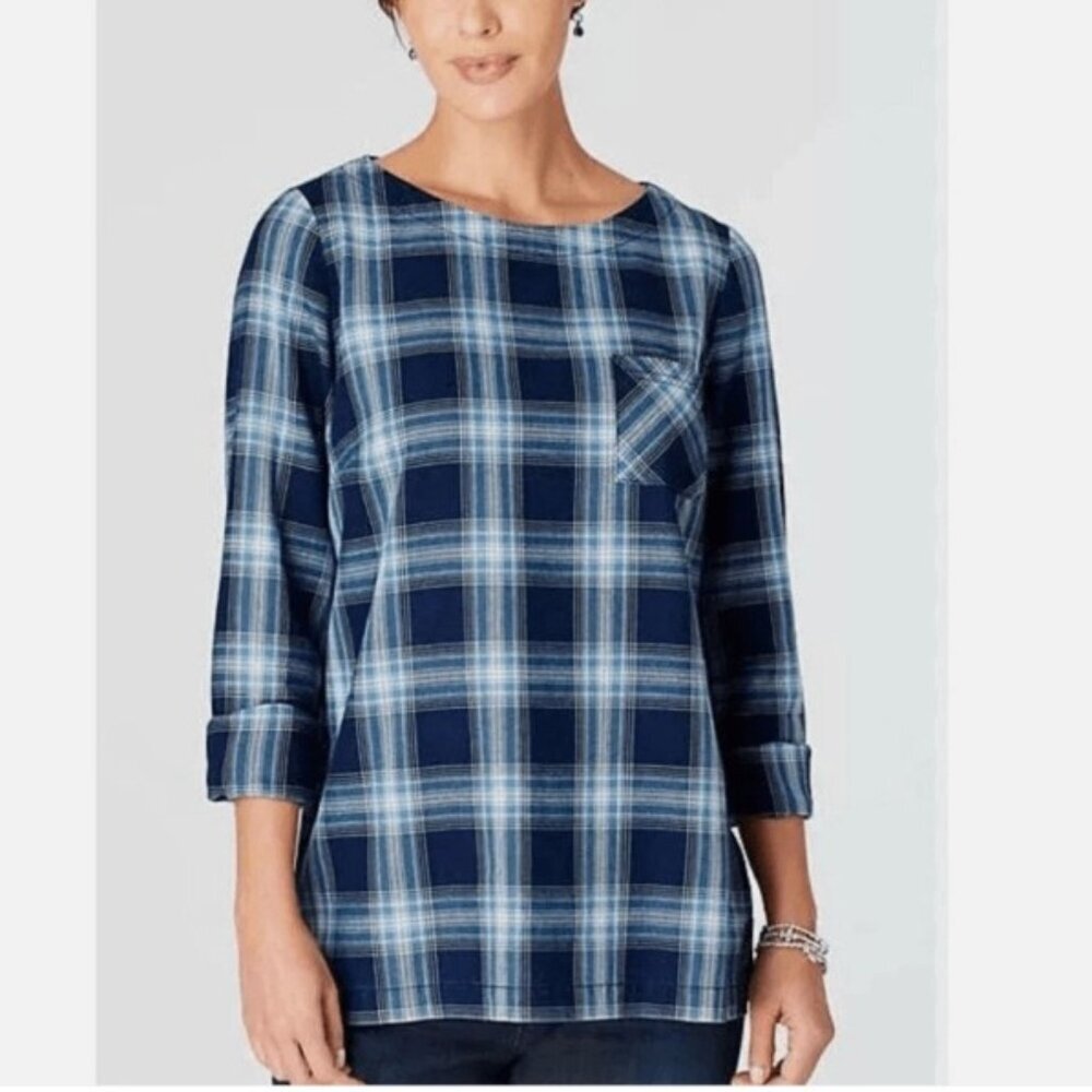 J. Jill Blue and White Plaid Cotton Popover Blouse w/ Buttoned Back - Size XL